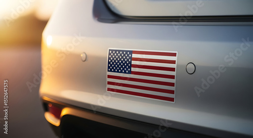 American flag on car bumper at sunset. 