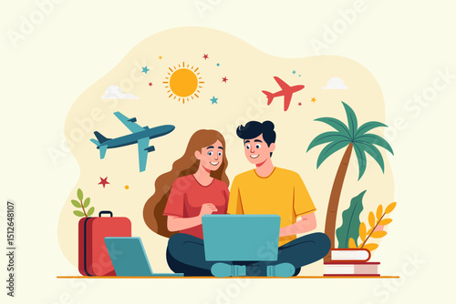 Couple planning vacation with laptop, suitcase, and travel icons on white background