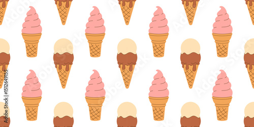 Summer seamless pattern scoop of vanilla, creme brulee, chocolate ice cream, strawberry soft gelato in waffle cone on white background. National Ice Cream Day wallpaper. Hand drawn flat EPS