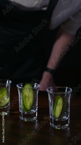Filing alcohol shots with cucumber slices