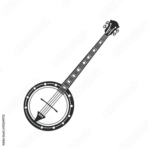 Banjo musical instrument in monochrome style isolated on white background vector illustration. Banjo, stringed acoustic wooden banjo. banjo icon silhouette vector art illustration.