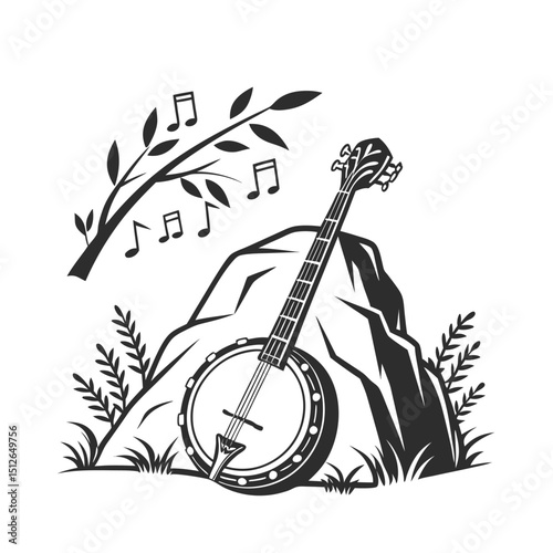 Banjo musical instrument in monochrome style isolated on white background vector illustration. Banjo, stringed acoustic wooden banjo. banjo icon silhouette vector art illustration.