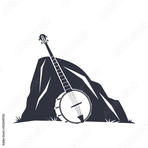 Banjo musical instrument in monochrome style isolated on white background vector illustration. Banjo, stringed acoustic wooden banjo. banjo icon silhouette vector art illustration.