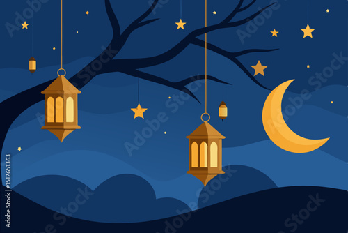 vector illustration of a night landscape with a house