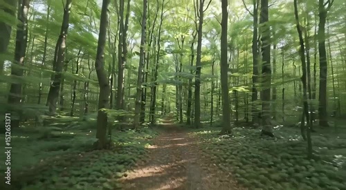 Forest Trail: A tranquil woodland trail winds through a lush green forest, sunlight filtering through the canopy above, inviting exploration and serenity.
