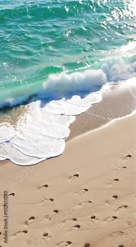 Coastal Serenity: A serene scene of a sandy beach where turquoise waves gently caress the shore, with footprints etched in the soft sand, creating a sense of tranquility and inviting exploration.