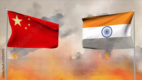4k conflict or war between China, and India 3d flag waving in the loop and animation on Burning Red Hot Sparks, Fire Glowing Particles on Smoky Red Background, Disaster, nuclear war in two countries