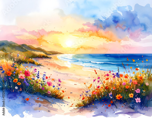 Fototapeta Naklejka Na Ścianę i Meble -  Vibrant Sunset Beach Landscape Watercolor Painting of Coastal Flowers and Golden Hour