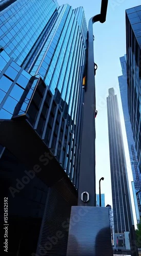 Skyward Gaze: A modern cityscape of towering skyscrapers stretching towards a clear, vibrant sky. An architectural perspective and urban elegance that evokes awe and admiration.