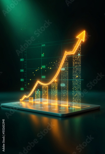 Digital tablet displays a stock market business graph with an arrow showing financial growth