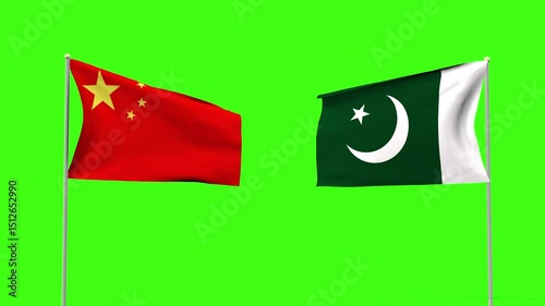 4k political or military friendship between China and Pakistan, 3d flag waving in the loop and animation on green screen background, Two countries' flags waving on chroma key