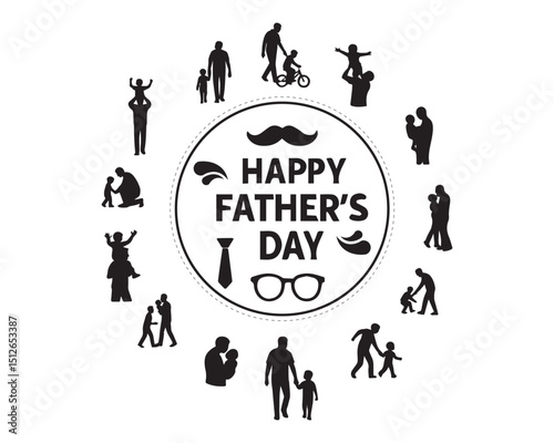 Happy fathers day vector illustration featuring silhouettes of fathers and children celebrating