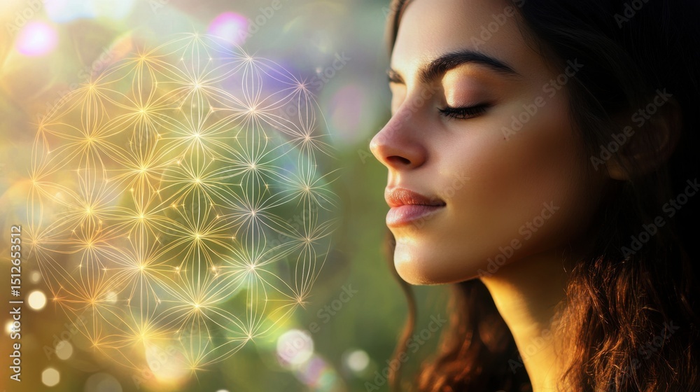 Fototapeta premium Glowing sacred geometric sphere featuring Flower of Life pattern floats above young woman