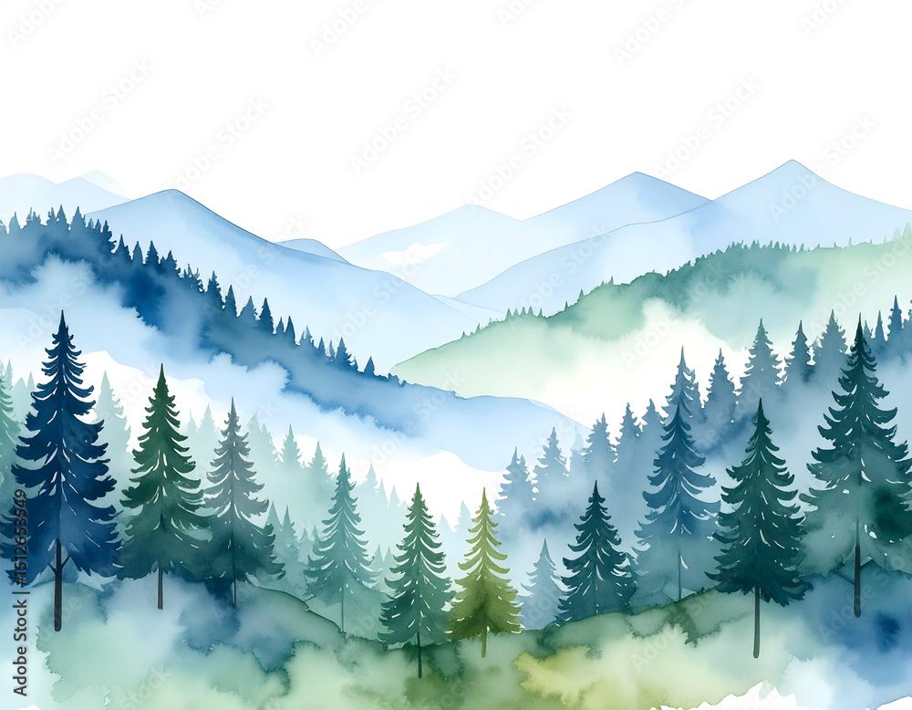 Fototapeta premium Misty Mountain Watercolor Landscape Serene Blue and Green Forest Scene