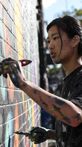 Mural Creation: Focused Asian woman with stained hand, paints a vibrant mural of colorful dot circles on a textured brick wall, showcasing creativity and urban art