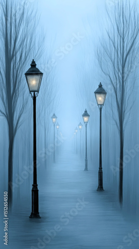 Lonely Foggy Street with Glowing Lamps and Bare Trees Evokes Mysterious Silence