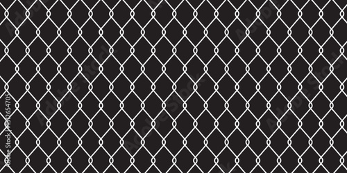 Metal chain link fences. Net texture pattern on white background. Black wired mesh texture. Seamless wire mesh pattern with diamond grid and chain links.  Steel texture design for metal fences .