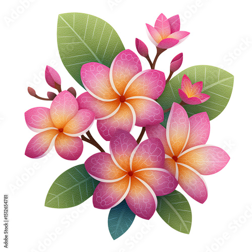 Vibrant Pink and Orange Plumeria Flower Bouquet Illustration