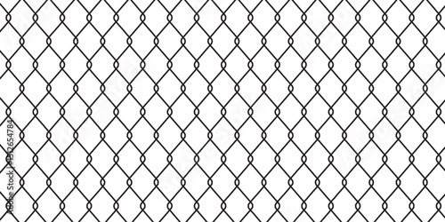 Metal chain link fences. Net texture pattern on white background. Black wired mesh texture. Seamless wire mesh pattern with diamond grid and chain links.  Steel texture design for metal fences .