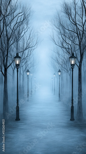 Lonely Foggy Street with Glowing Lamps and Bare Trees Evokes Mysterious Silence