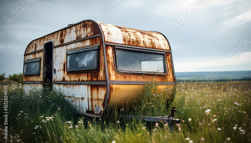 An old, badly rusted caravan sits in the middle of a field of tall grass and wildflowers under a cloudy sky.