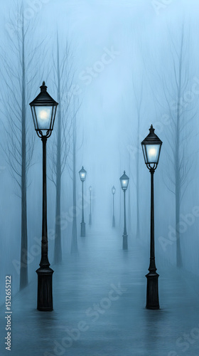 Lonely Foggy Street with Glowing Lamps and Bare Trees Evokes Mysterious Silence