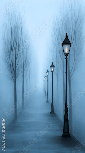 Lonely Foggy Street with Glowing Lamps and Bare Trees Evokes Mysterious Silence
