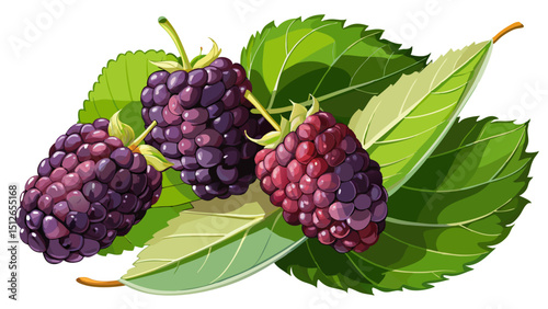 A close up of a bunch of fresh mulberries with green leaves on a transparent background in sharp focus
