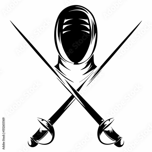 Ninja silhouette with crossed swords in black and white design  