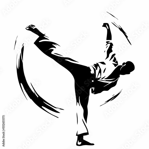 Martial artist performing a high kick in dynamic action pose  