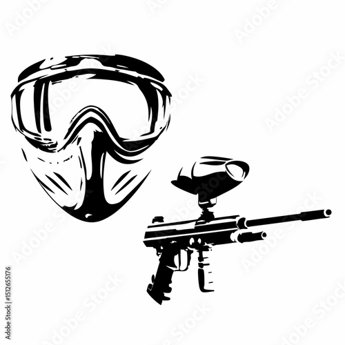 Paintball mask and gun in black and white silhouette design  