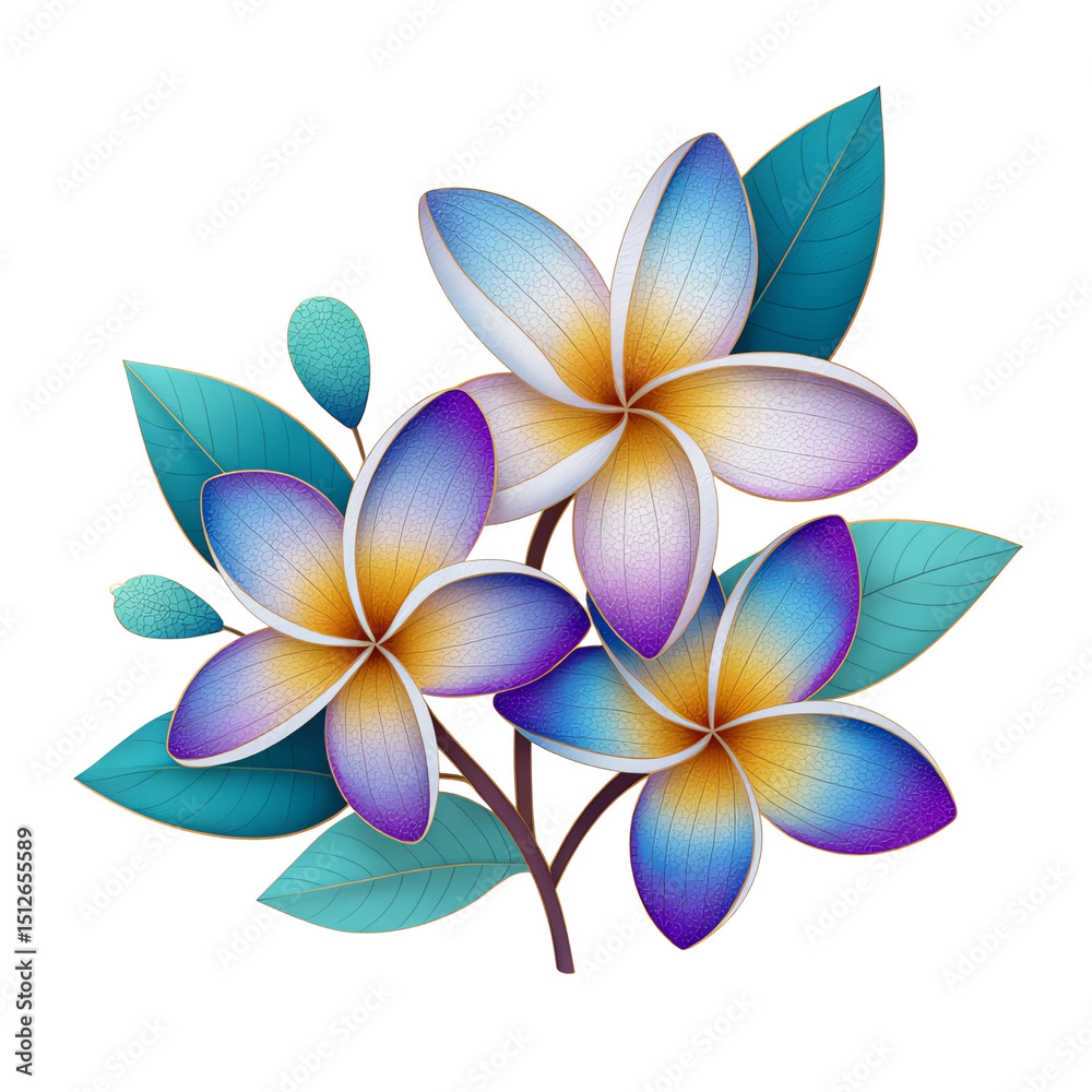 Fototapeta premium Vibrant Tropical Plumeria Flowers Illustration with Teal Leaves