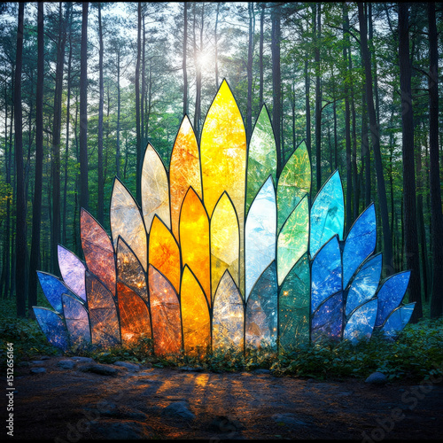 Abstract Magical Forest Scene with Light Through Crown of Colored Glass Shards