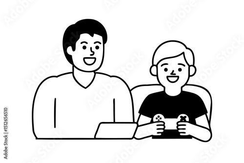 Happy father and son playing video games together at home
