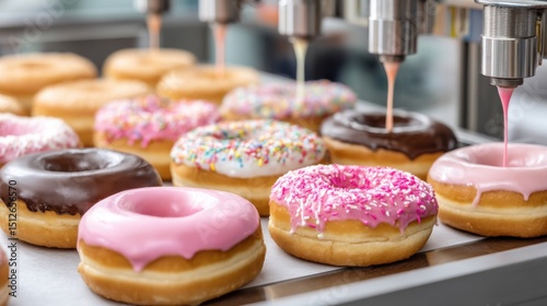 Automated donut glazing machine adding pink frosting, donuts with various toppings and frosting.