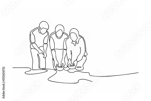 Three people kneeling near water line drawing simple minimalist art