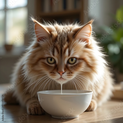 Adorable Fluffy Cat Drinking Milk in Cozy Home – High-Resolution 8K Photo