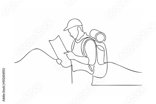 Hiker checking map single line drawing backpack mountains travel adventure