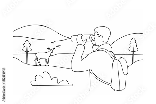 Man with backpack uses binoculars to view deer in mountain landscape