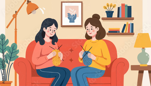 Two women knitting together on a sofa in a cozy living room  