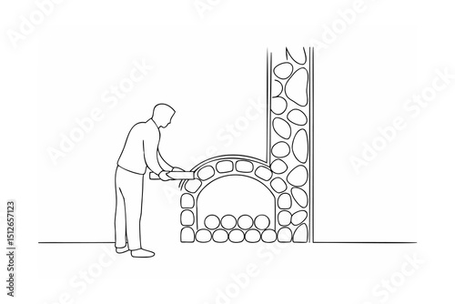 Man building stone arch fireplace outdoor construction project