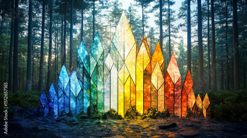Abstract Magical Forest Scene with Light Through Crown of Colored Glass Shards