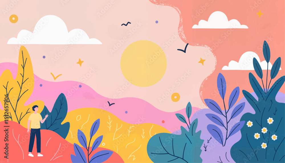 Fototapeta premium Abstract landscape with a person enjoying nature under the sun