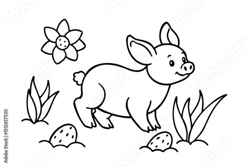 Adorable piglet in a flowery meadow coloring page