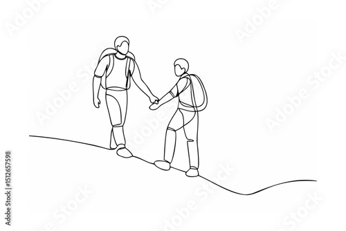 Hikers helping each other climb mountain one line drawing