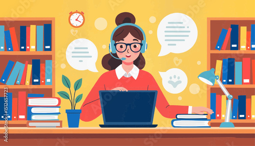 Young woman working on laptop with headset in colorful library  