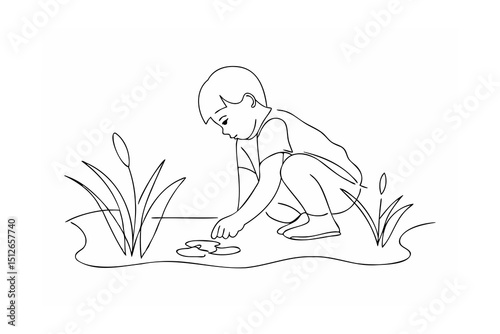 Child playing by the water plants exploring nature