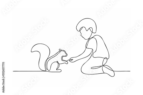Child feeding a squirrel continuous line drawing illustration
