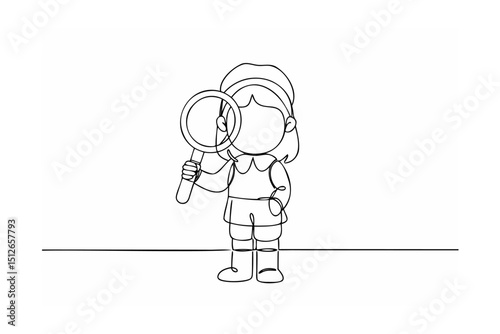 Little girl holding a magnifying glass line art illustration