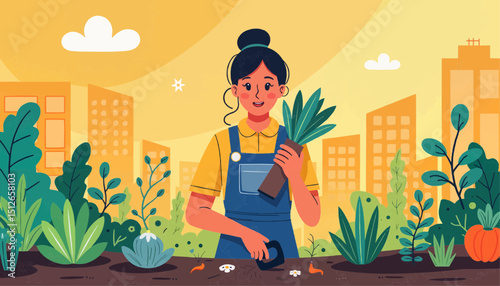 Woman gardening with plants in urban setting during daytime  